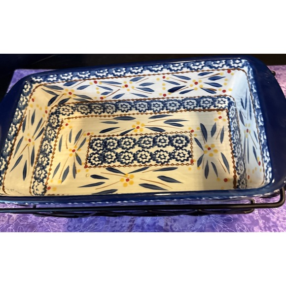 Temptations Old World Blue 1.75 Qt Loaf Pan Baking Dish Dripping Tray Wire Rack - Picture 4 of 7